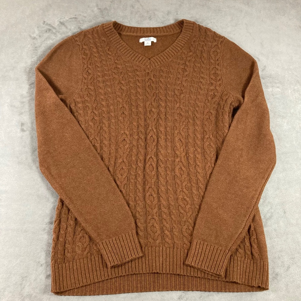 Croft & Barrow womens V-Neck Cable Knit Sweater Brown Cinnamon Size M